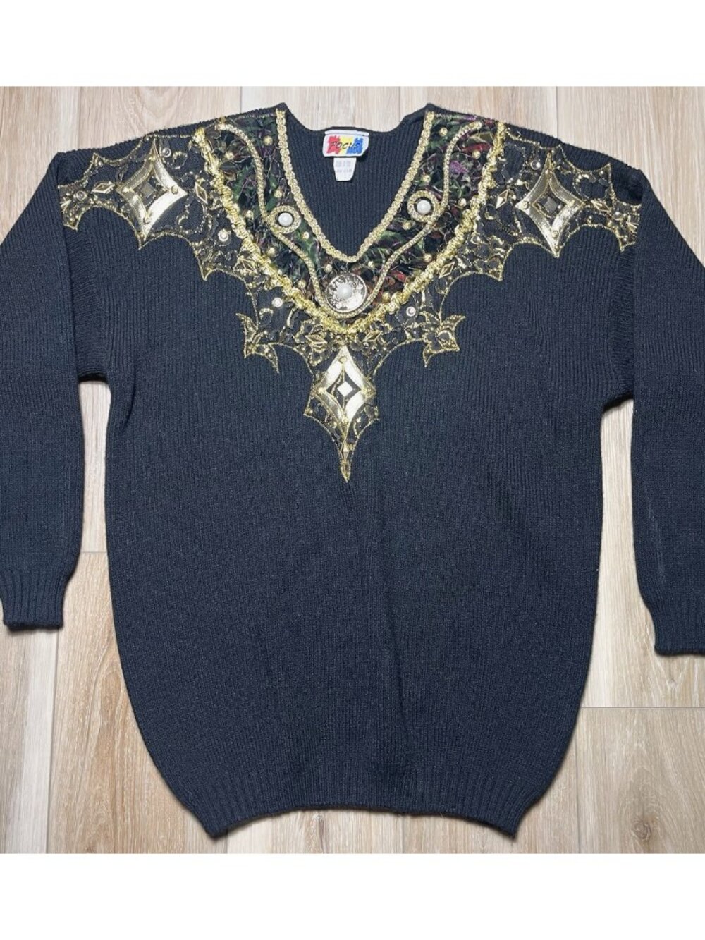 Vintage Focus USA Acrylic Embellished Black V Neck Sweater - One Size